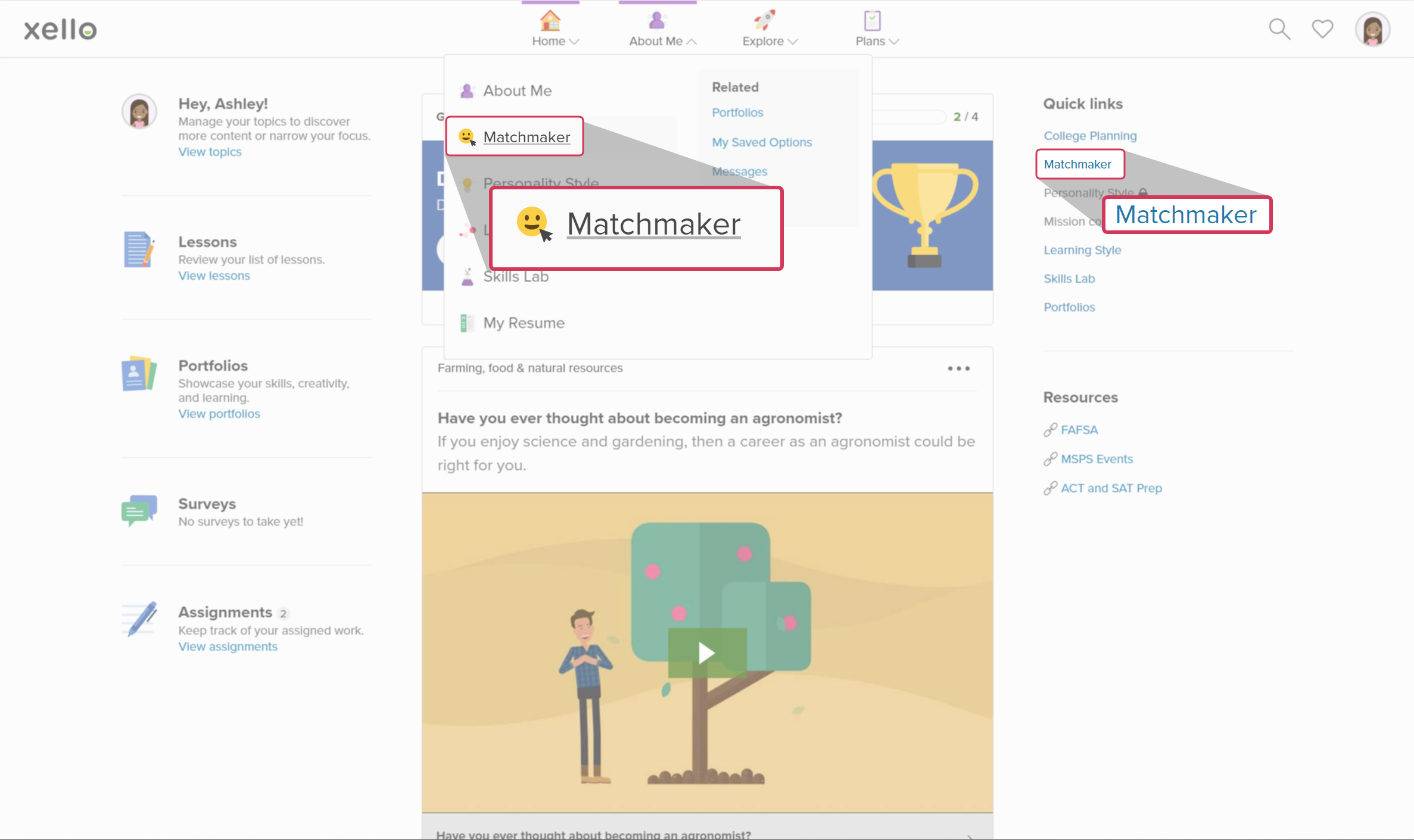 Access Matchmaker from the student dashboard